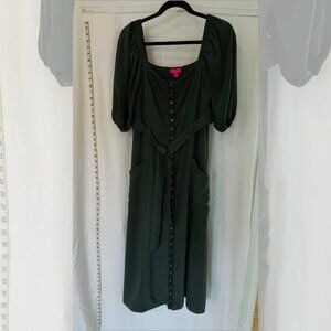 Betsy Johnson Womens Medium Smocked Puff Sleeve Button Sash Tie Midi Dress Green